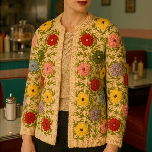 Vintage Sweaters - Vintage 1950s 50s Wool Hand Loomed Floral Cardigan Sweater Large
